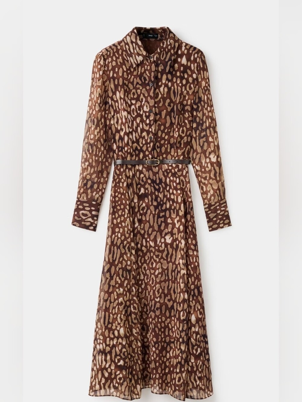 NWT Mango Brown Animal Print Long Sleeve Flowy Shirt Dress with Belt. Sz 4